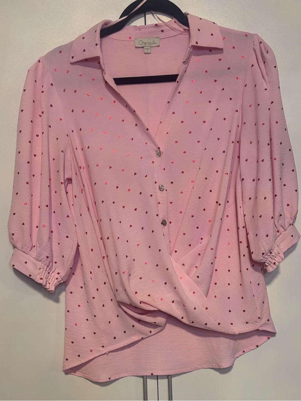 Chenault Pink Button-Front Blouse with Red Heart Print